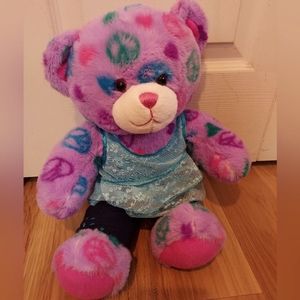 Build a Bear Purple Pink Teddy Bear Peace Signs Hearts Plush Stuffed Shirt Jeans